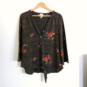 Anthropology Fig and Flower Embroidered Floral Button Down Sweater Olive Size M